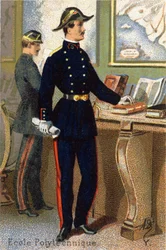 Y: Szkoła politechniczna. Grawerowanie w „Alfabecie wojskowym”. Inicjały ilustratora: A. D. Wydawca nieznany. Chromolitografie z końca XIX wieku. Wymiary: 10,5x7cm .