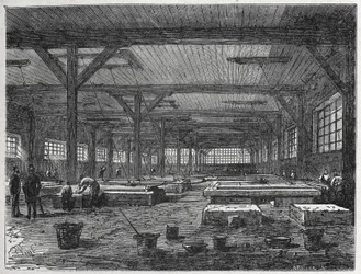Fabryka szkła: produkcja lustra, ok. 1880 r. (rycina)
