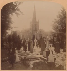 Kościół w Stratford-on-Avon w Anglii – gdzie spoczywają doczesne szczątki Szekspira, 1900.