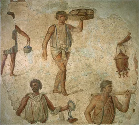 Przygotowania do bankietu, fragment bruku z marmuru, wapienia i mozaiki szklanej z Kartaginy, Rzym, ok.180-90 rne