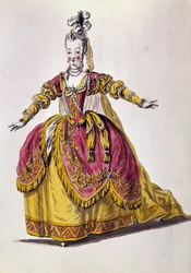 XVIII-wieczny strój teatralny, rycina XIX-wieczny Paryż, B.N.