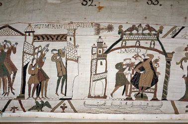 32: Pojawienie się komety; 33: Posłaniec ostrzega króla Harolda II (1022 - 1066) - gobelin z Bayeux, znany jako haft królowej Matyldy