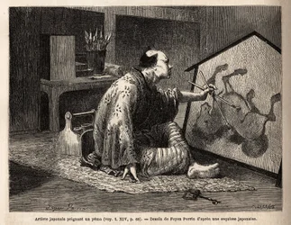 Japoński artysta malujący yema (legendarne malowanie koni). Rycina ilustrująca podróż do Japonii w latach 1863-1864 autorstwa Aime Humberta, ministra Konfederacji Szwajcarskiej, w „Le tour du monde, nouveau journal des voyages”” wydanej pod