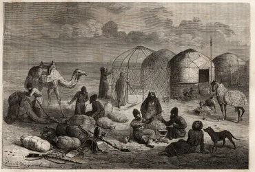 W obozie Turkmenów na pograniczu Turkiestanu i Persji, każdy namiot, zbudowany z drewnianych krat i pokryty filcem, mieści rodzinę. Grawer ilustrujący historię Henri de Blocqueville „14 mois de captivite chez les turcomans” między 1860 a