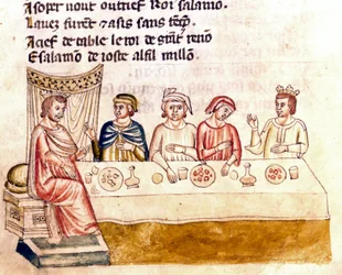 Scena bankietowa: król i jego goście - Miniatura z kodeksu „Przedstawa Hiszpanii”” (Ms.Franc.21) XIV wiek. Biblioteca Marciana, Wenecja.