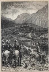 Pole bitwy - XIX-wieczna ilustracja do powieści historycznej „Purytanie Szkocji” (Stara śmiertelność) Waltera Scotta (1771-1832)