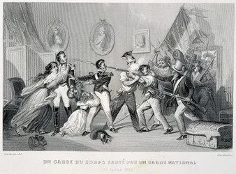 Gwardzista przyboczny uratowany przez członka Gwardii Narodowej (29 lipca 1830) - w „Fastes des Gardes nationales de France”