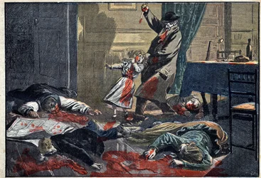 Zamordowana rodzina: zabójstwo rodziny Leblond przez Caillarda, szaleńca, w Nassandre koło Bernay. Ilustracja w „Le Pèlerin” z 10 kwietnia