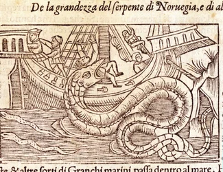 Gigantyczny wąż morski atakuje statek i bije jego załogę. Grawer Olausa Magnusa (1490 - 1557), szwedzkiego zakonnika i geografa, „Historia de Gentis Septentrionalibus”, Wenecja