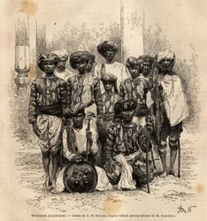 Grupa muzułmańskich mężczyzn w Haiderabad w Pakistanie. Rycina ilustrująca podróż po południkowych prowincjach Indii, autorstwa Alfreda Grandidiera, w latach 1862-1864, opublikowana w „” le tour du monde””, pod kierunkiem D