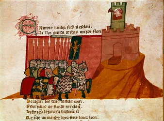 Grupa rycerzy frankowych przybywa do miniaturowego zamku z „Entree of Spain”. Wenecja z XIV wieku, Biblioteca Marciana.