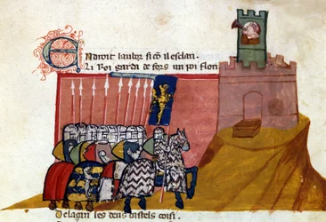 Do zamku przybywa grupa szczerych rycerzy. Miniatura z „”Entree of Spain””. Wenecja z XIV wieku, Biblioteca Marciana.
