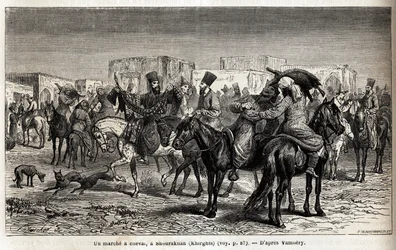 Spacer konny w Shurakhan (Kirgistan lub Kirgistan). Rysunek Emile Bayard (1837-1891), ilustrujący podróż do Azji Środkowej w 1863 roku, autorstwa Arminiusa Vambery