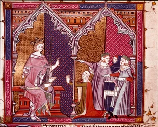 Król wymierzający sprawiedliwość Miniatura zaczerpnięta z „Justiniani in Fortiatum”” XIV-wiecznej Biblioteki Królewskiej Klasztoru Escorial, Hiszpania