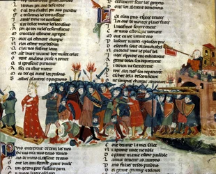 Król zostaje wzięty do niewoli i uprowadzony przez wrogą armię, podczas gdy ofiary bitwy leżą na ziemi. Miniatura z „Roman de Troie” Benoîta de Sainte-Maure. XIV wiek, Biblioteca Marciana, Wenecja.