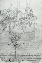 Mężczyzna próbuje naprawić kadłub łodzi za pomocą maski.