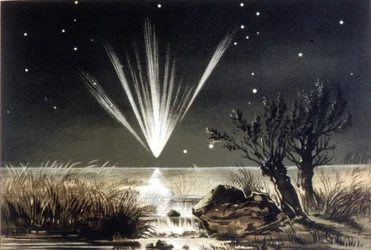 Meteoryt spadający do morza. Litografia kolorowa z końca XIX wieku