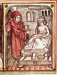 Lekarz podaje pacjentowi lekarstwo sporządzone z roślin leczniczych. Rycina z „Tractatus de pestilentia”, XV wiek - Praga, Biblioteka Narodowa