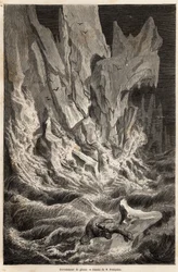 Niedźwiedź polarny wywodzi się z góry lodowej, po rozpadzie bryły lodu ze Spitzbergu, archipelagu Oceanu Arktycznego, rys. V.Foulquier, ilustrujący Spitzberg w latach 1838-1839, autorstwa Charlesa Martinsa. Grawer w „”Le tour du monde””, pod redakcją