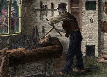 Sabotażysta przy pracy w swoim warsztacie w Belgii, W „”Le journal de la jeunesse 1888””.