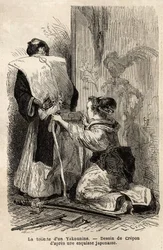 Toaleta samuraja, młoda pokojówka pomaga jej zawiązać kimono. Grawer ilustrujący wyprawę do Japonii w latach 1863-1864 autorstwa Aime Humberta, ministra Konfederacji Szwajcarskiej, w „Le tour du monde, nouveau journal des voyages”” wydawanym pod kierunkiem