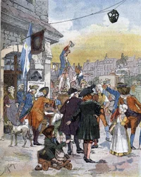Scena rekrutacji w XVIII wieku, ilustracja końca XIX wieku.