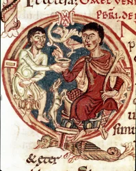 Sługa służący do picia dla lorda Miniatura z „Lectionaire de la Cathedrale de Reims”” Reims z XI wieku, biblioteka miejska