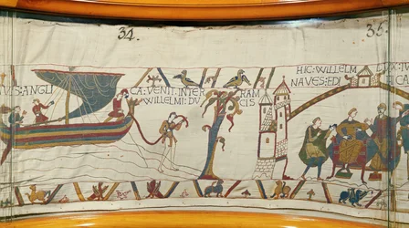 Statek przybija do Normandii, przywożąc wieść o koronacji Harolda, Tkanina z Bayeux