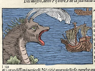 Kaszalot (?) (physeter) atakuje statek. Grawer Olausa Magnusa (1490 - 1557), szwedzkiego zakonnika i geografa, „Historia de Gentis Septentrionalibus”, Wenecja