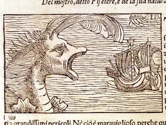 Kaszalot (?) (physeter) atakuje statek. Grawer Olausa Magnusa (1490 - 1557), szwedzkiego zakonnika i geografa, „Historia de Gentis Septentrionalibus”, Wenecja