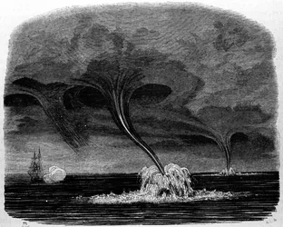 Tornado wody. Grawerowanie z XIX wieku.