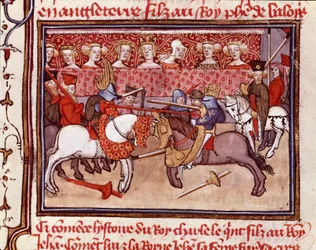 Turniej rycerski w czasach króla Francji Karola V (1338-1380) Miniatura zaczerpnięta z „Les grandes Chronicles de France”” XIV w. Chantilly, Musee Conde