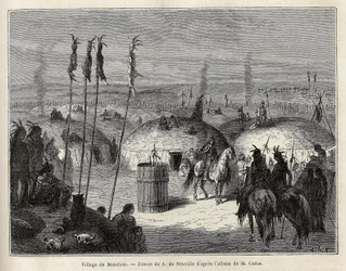 Wioska Indian Mandans (lub noumah ka kie: bażanty) na lewym brzegu Missouri, 600 mil od miasta Saint Louis. Rycina ilustrująca wyprawę wśród plemion indiańskich w dorzeczach Kolumbii i Górnej Missouri, G. Catlin, w 1