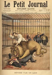 Młody mężczyzna, chcący zostać sfotografowanym w klatce lwa, zostaje pożarty, mimo wysiłków poskramiacza, by go zatrzymać. Grawer w „Le petit journal”” 29.09.1895. Kolekcja Selvy.