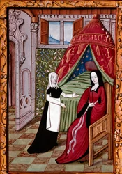 Młoda kobieta prawdopodobnie Louise Laval (zm. 1480) w swojej sypialni ze swoją miniaturową służącą zabraną z „Histoire de Jean III de Brush et de sa femme Louise de Laval””” (ms. 1475, k. 10r) Chantilly, musee Conde