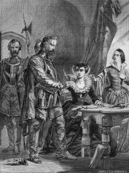 Abdykacja Marii I Stuart (1542-1587), królowej Szkocji i Francji (1559-1560). Grawerowanie z 1861 roku.
