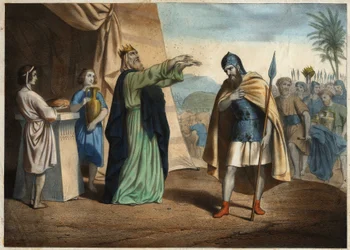 Abraham, zwycięzcy czterech skał, otrzymali błogosławieństwo Melchizedeka (Melchizedeka lub Melchizedeka lub Melkisedeka lub Melki-Tsedeka lub Melki Cedeka), króla Salemu. Anonimowy rycina z połowy XIX wieku.