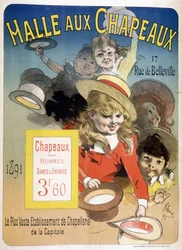 Plakat reklamowy „Halle aux hats”, rue de Belleville w Paryżu
