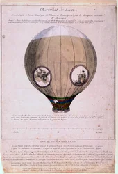 Aerostat de Lyon zbudowany z modelu braci Montgolfiere (Joseph i Etienne), około 1783. Rycina z XIX wieku. Paryż, B.N.