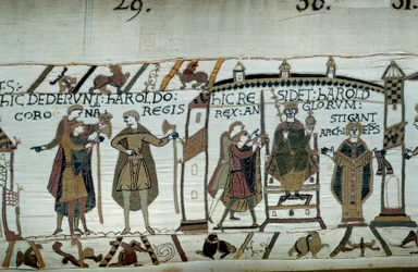 Po śmierci Edwarda Wyznawcy, Harold był koronowanym królem pod imieniem Harolda II w 1066 r. Szczegół gobelinu z Bayeux lub haftu królowej Matyldy
