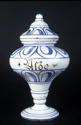 Albarelle: XVI-wieczny wazon apteczny zawierający aloes. Muzeum Nauki i Techniki, Mediolan.
