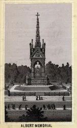 Albert Memorial, Londyn, Anglia. Chromolitografia z końca XIX wieku.