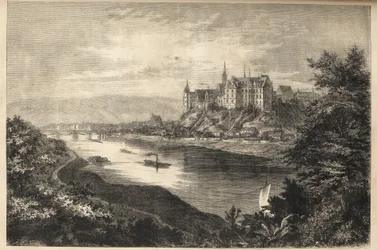Zamek Albrechtsburg - Saksonia -Niemcy - Zamek Albrechtsburg na ziemi saksońskiej w Niemczech - grawerowanie - 1866