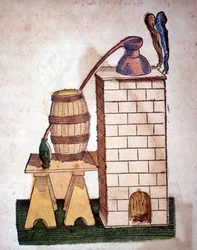 Alchemia: aparat do destylacji. Rycina z książki Pietro Andrea Mattioli (Matthiole) (1500-1577). Frankfurt