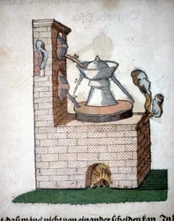 Alchemia: aparat do destylacji, zaczerpnięty z książki Pietro Andrea Mattioli (Matthiole) (1500-1577). Frankfurt