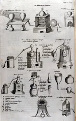 Alchemia: plansza przedstawiająca różne modele aparatury destylacyjnej i destylatorów. Athanase Kircher (lub Athanasius Kircheri 1602-1680), niemiecki jezuita. Grawerowanie z XVII wieku.