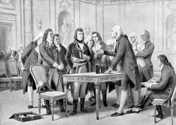 Alessandro (Alexandre) Volta wyjaśnia Napoleonowi Bonaparte zasadę działania swojej baterii elektrycznej – w „The Universe and Humanity” Kraemera