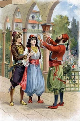 Ali Baba. (Ali-Baba) (Opowieści z tysiąca i jednej nocy): aby nagrodzić Morgiane, Ali Baba poślubia ją swojemu Synowi. Chromolitografia XIX wieku