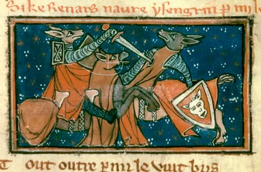 Alegoria o społeczeństwie średniowiecza: „Lis rani Isengrima w pojedynczej walce””. Miniatura z rękopisu „Roman De Renart Le Nouvel” Jacquemarsa Gielee