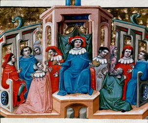 Alegoria prawa miniaturowego zaczerpnięta z Kodeksu Justyniana (Codex Justinianus), zbioru praw i instytucji wydanych za cesarza rzymskiego Bizancjum Justyniana I (483-565)